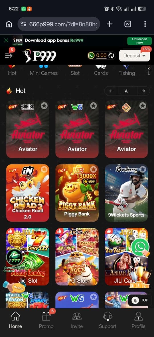 P999 Game lobby with Aviator, slots and Teen Patti after APK download