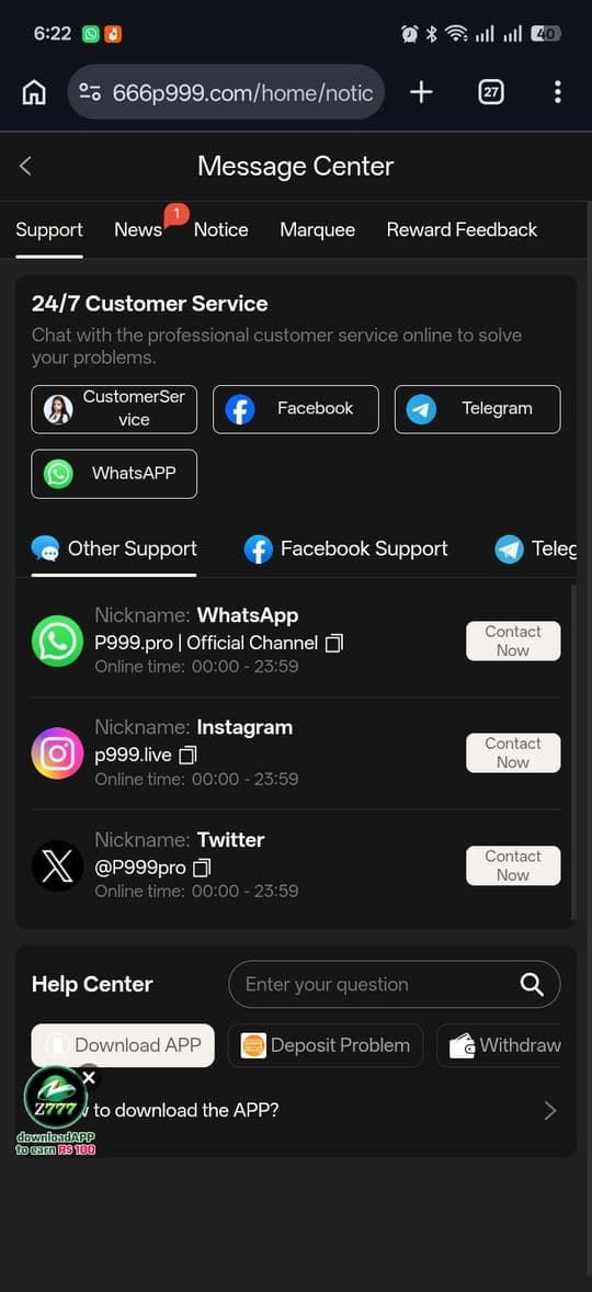P999 Game customer support screen with contact channels