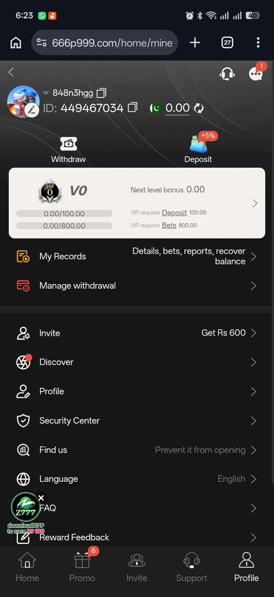 P999 account screen used to track referral performance